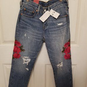 Levi's rose embroidered tapered ripped jeans